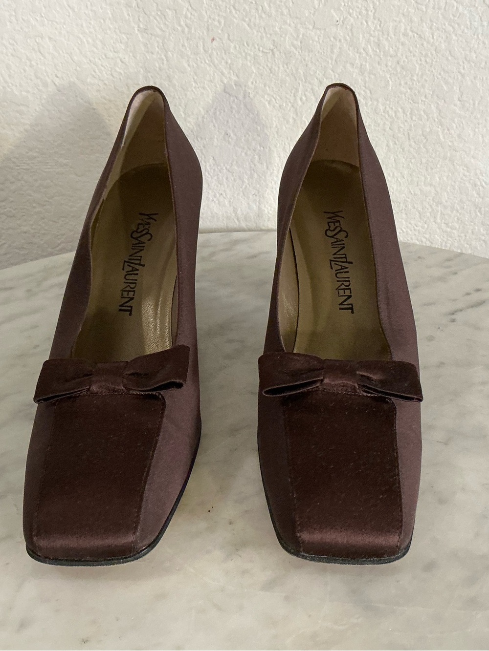 Yves Saint Laurent Brown Satin Bow Block-Heel Pumps